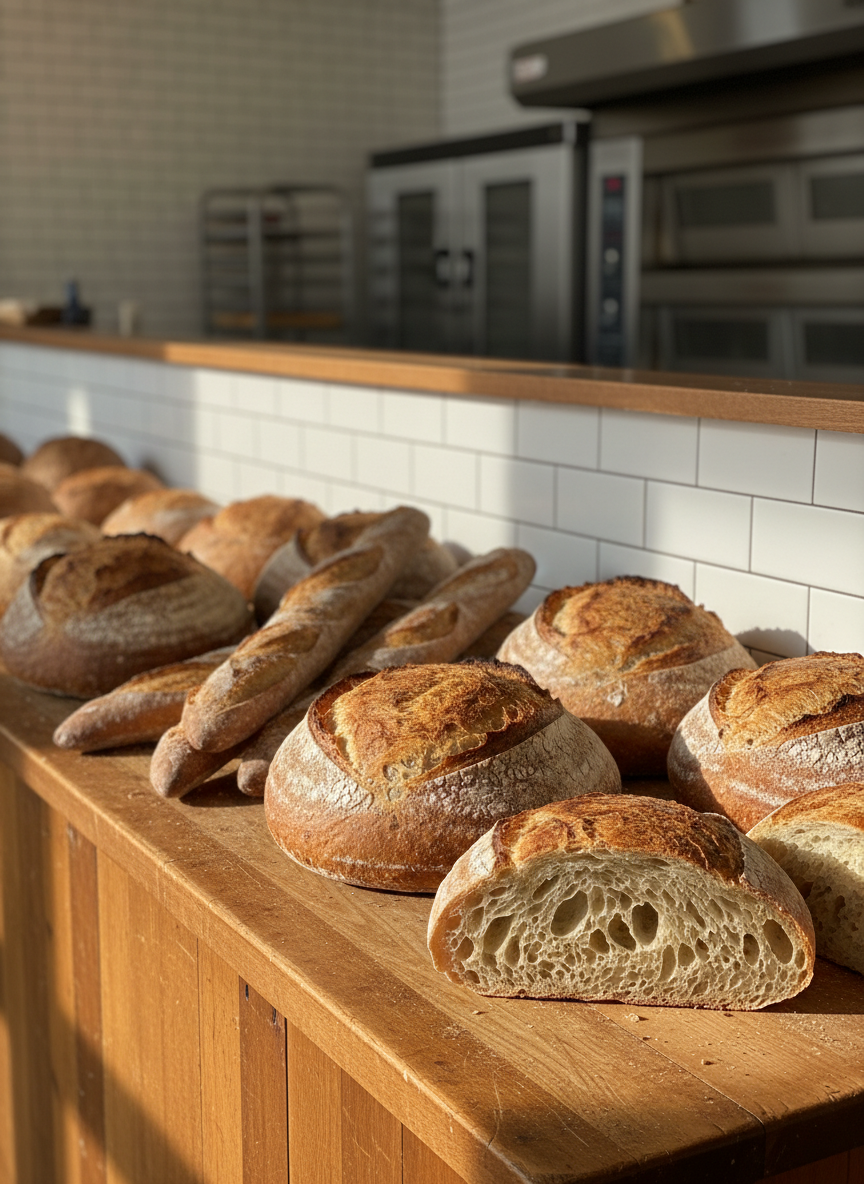 A rustic wooden bakery counter in a Portland shop, neatly arranged with an assortment of artisan sourdough loaves, seeded multigrain boules, and crusty baguettes. Each bread has a deeply caramelized, blistered crust dusted lightly with flour, revealing open, airy crumb in a few sliced pieces. Behind the counter, simple matte white subway tiles and a blurred glimpse of industrial ovens suggest a professional kitchen. Soft morning light filters through an unseen front window, creating gentle highlights on the crusts and soft shadows on the counter. Photographed at eye level with a slight angle, using shallow depth of field to keep the front loaves in sharp focus while the background fades to a tasteful blur. The mood is warm, inviting, and authentically handcrafted, with clean photographic realism.